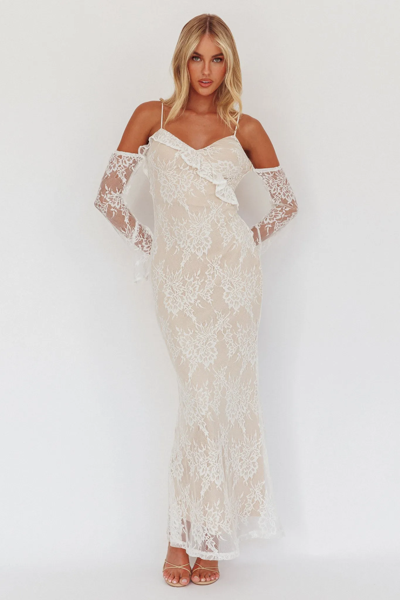 Zarah Off-Shoulder Sleeve Lace Maxi Dress White sold by Selfie Leslie product image thumbnail 5