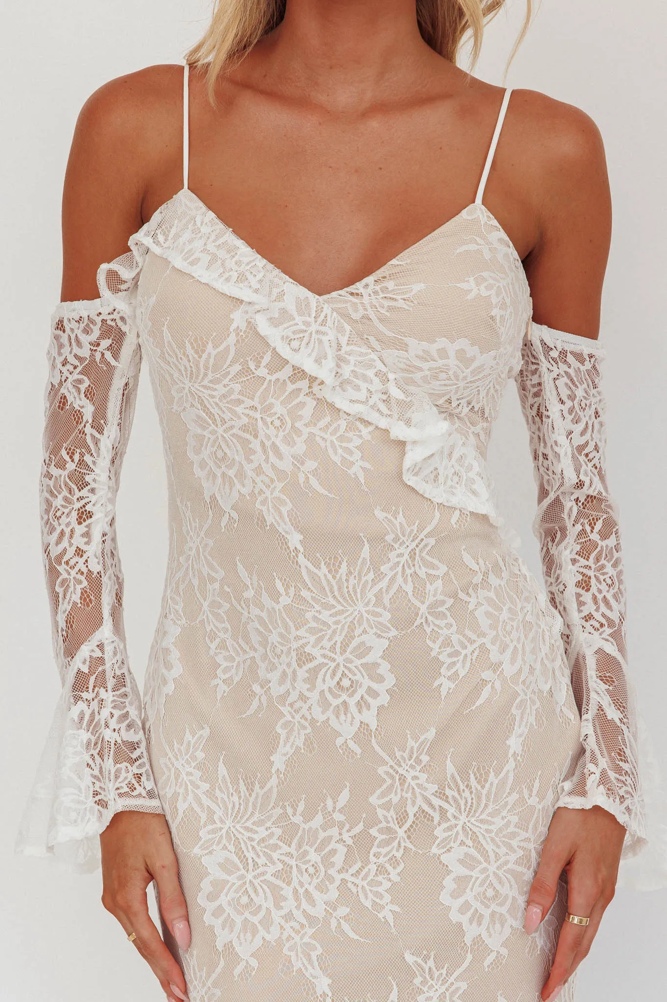 Zarah Off-Shoulder Sleeve Lace Maxi Dress White sold by Selfie Leslie product image thumbnail 4