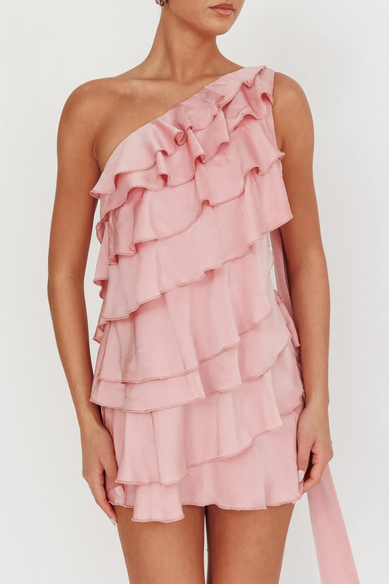Arrabel Tiered Ruffle One Shoulder Mini Dress Pink sold by Selfie Leslie product image thumbnail 3