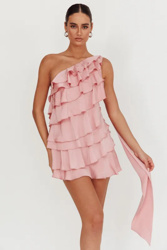 Arrabel Tiered Ruffle One Shoulder Mini Dress Pink sold by Selfie Leslie