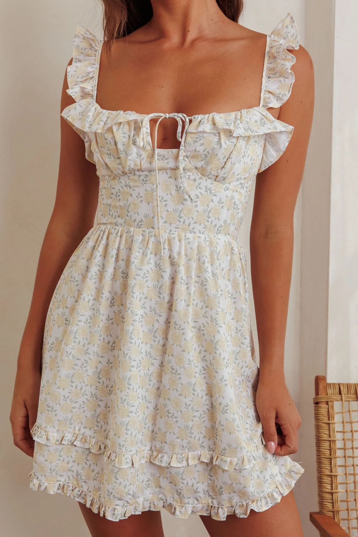 Doe Tied Bust Frill Mini Dress Floral Yellow sold by Selfie Leslie product image thumbnail 3