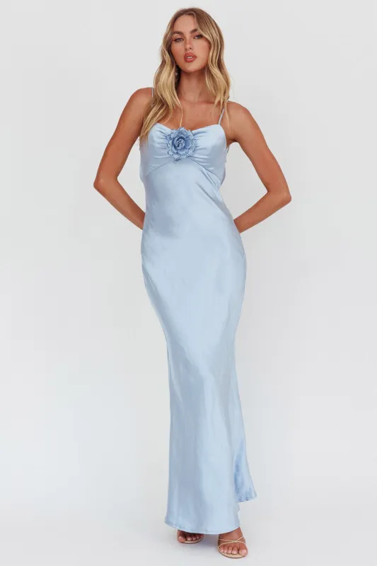 High Roller Cowl Back Rosette Maxi Dress Blue sold by Selfie Leslie