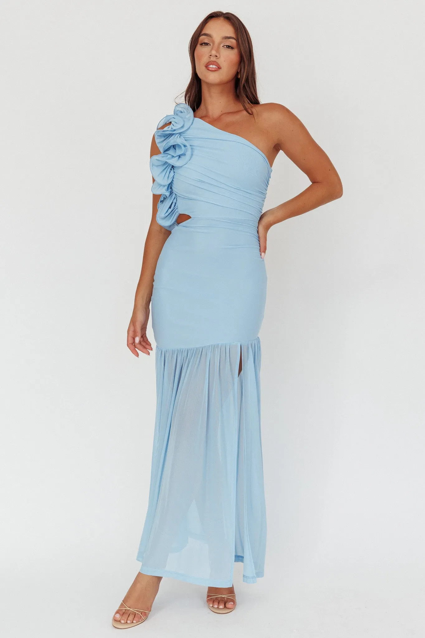 Deanna One-Shoulder Sheer Hem Maxi Dress Blue sold by Selfie Leslie