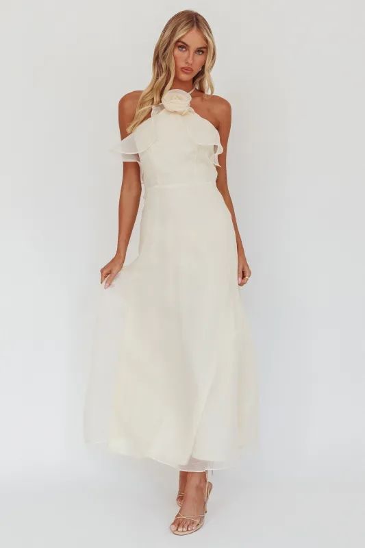 Cordially Invited Ruffle Neckline Rosette Maxi Vanilla sold by Selfie Leslie