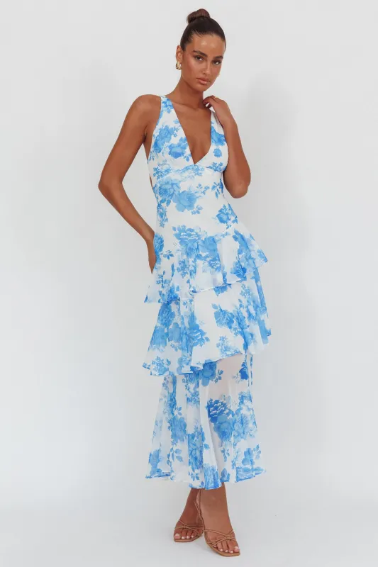 Veda Strappy Back Ruffle Maxi Dress Roses Blue sold by Selfie Leslie