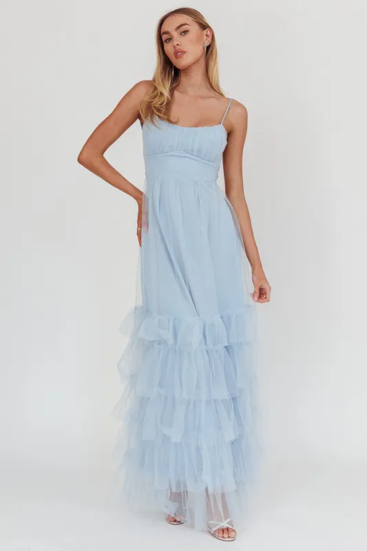 Nerida Twist Back Frill Trim Mesh Maxi Dress Steel Blue sold by Selfie Leslie
