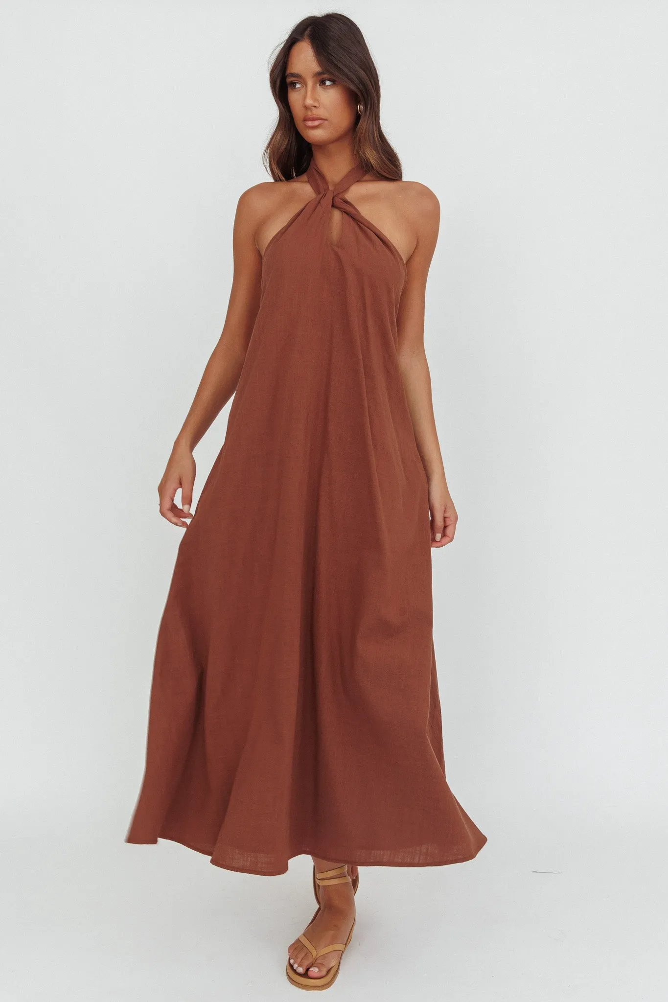 Cheer Twist Halterneck Maxi Dress Chocolate sold by Selfie Leslie