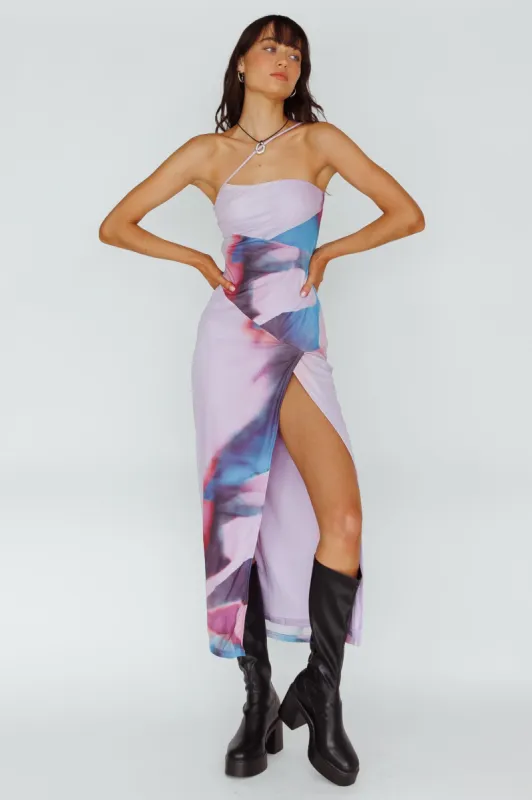 Martine One Strap Mesh Midi Dress Print Plum sold by Selfie Leslie