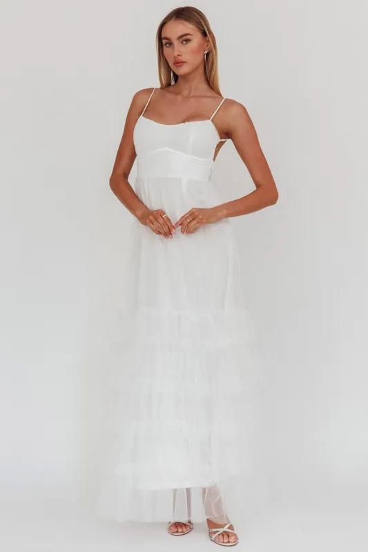Nerida Twist Back Frill Trim Mesh Maxi Dress White sold by Selfie Leslie