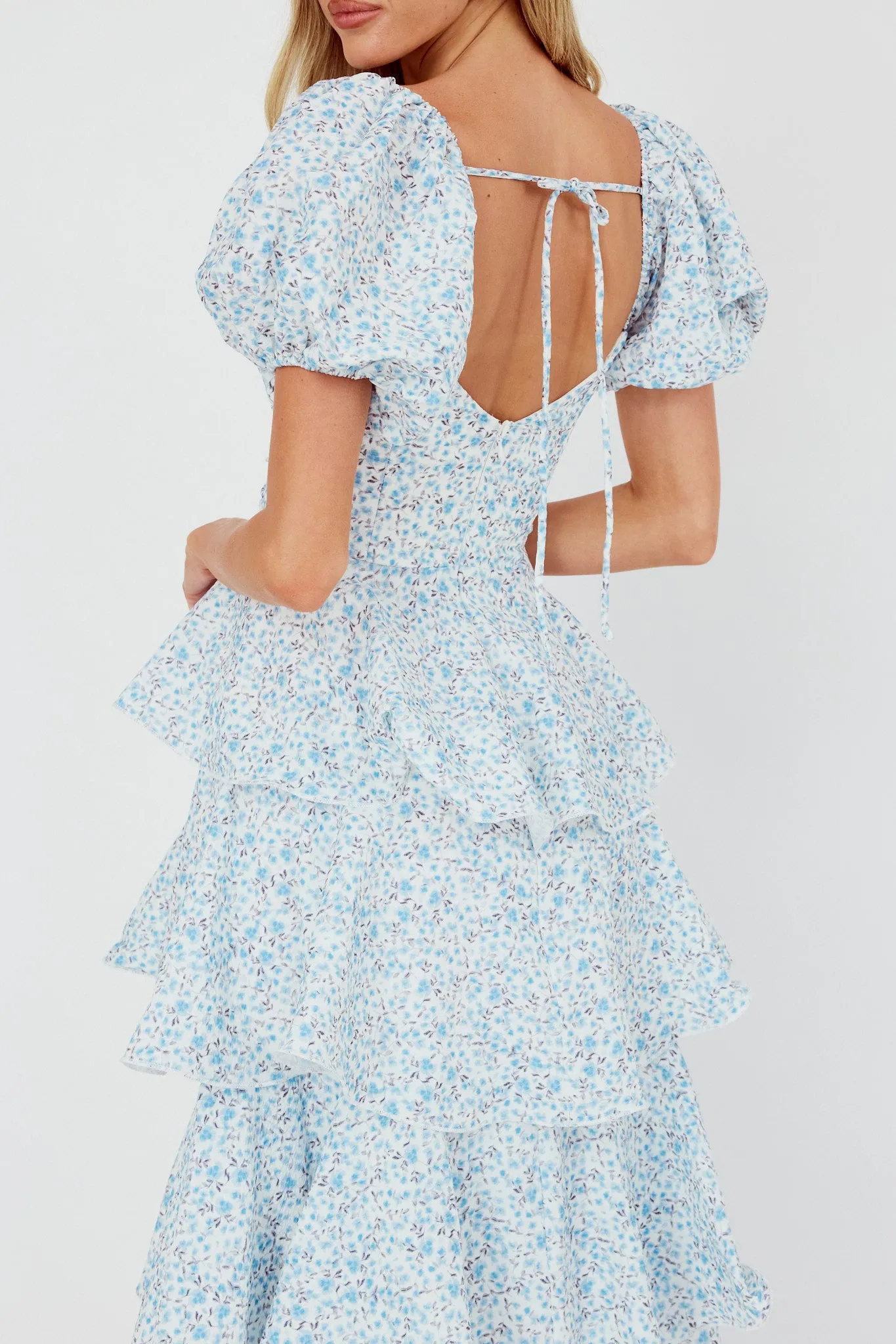 Giavana Puff Sleeve Layered Maxi Dress Floral Blue sold by Selfie Leslie product image thumbnail 3