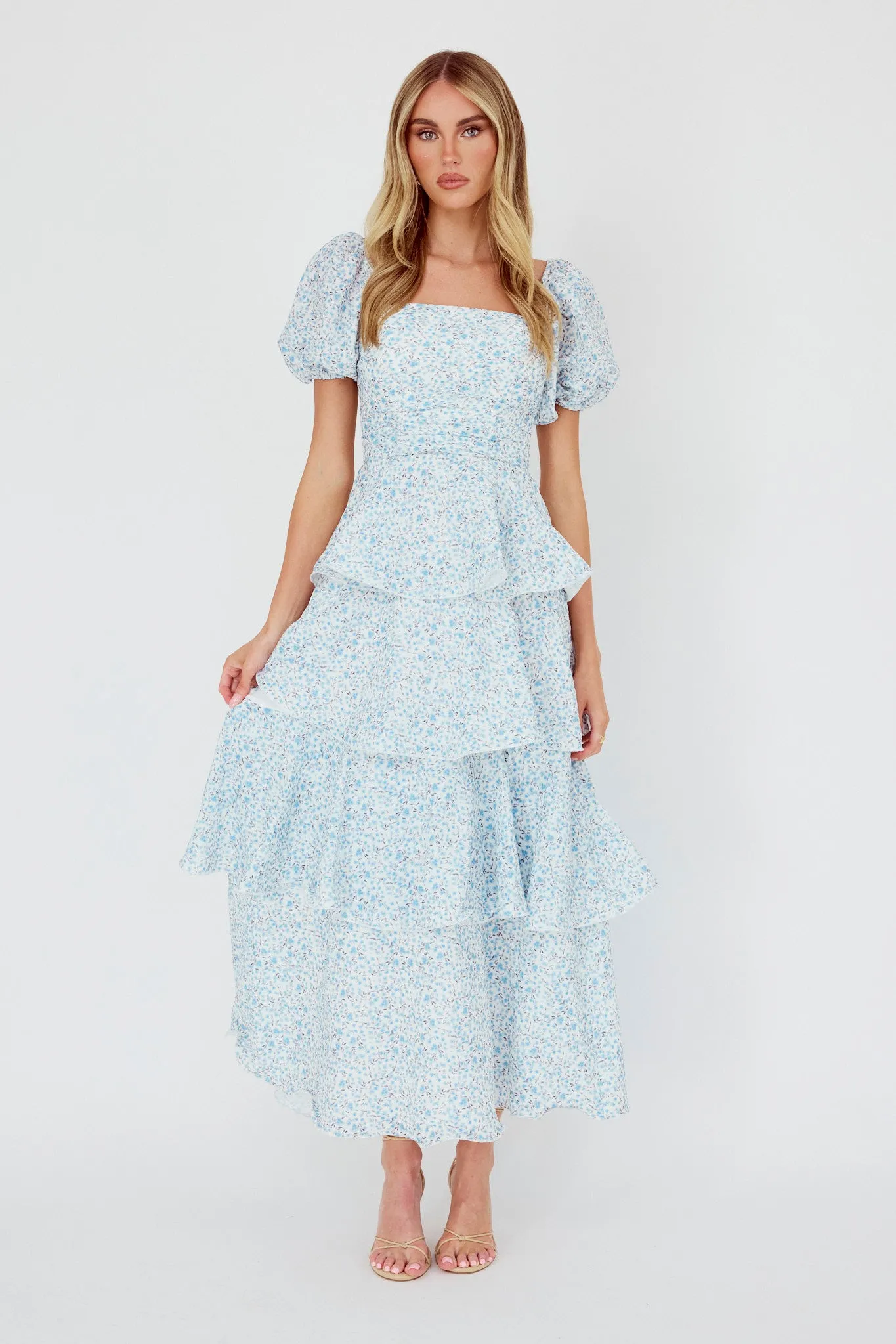 Giavana Puff Sleeve Layered Maxi Dress Floral Blue sold by Selfie Leslie product image thumbnail 5