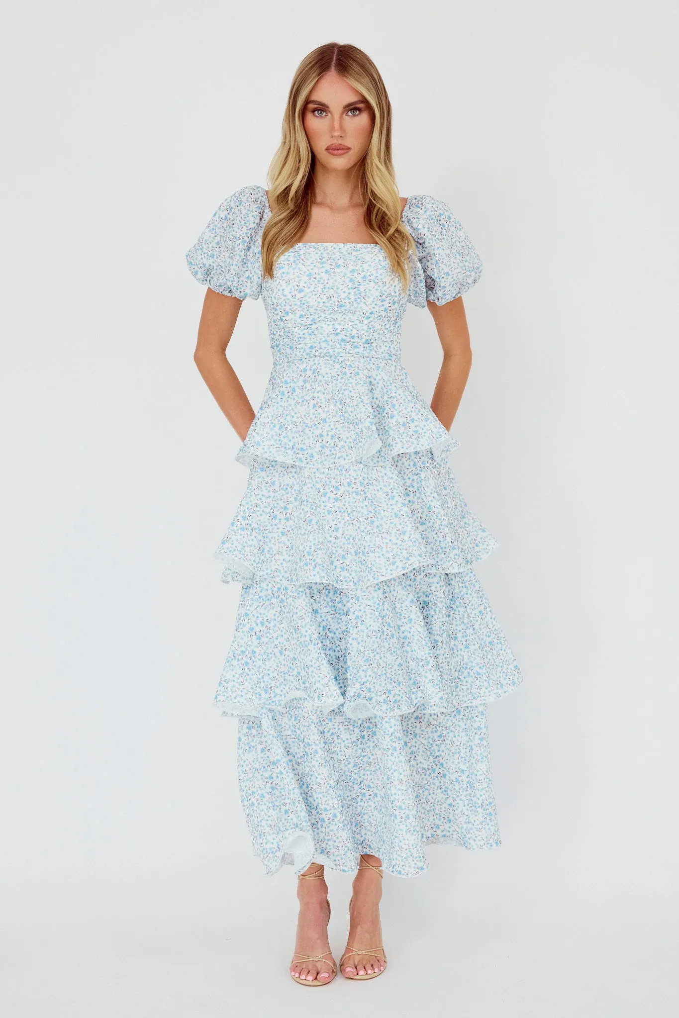 Giavana Puff Sleeve Layered Maxi Dress Floral Blue sold by Selfie Leslie product image thumbnail 4