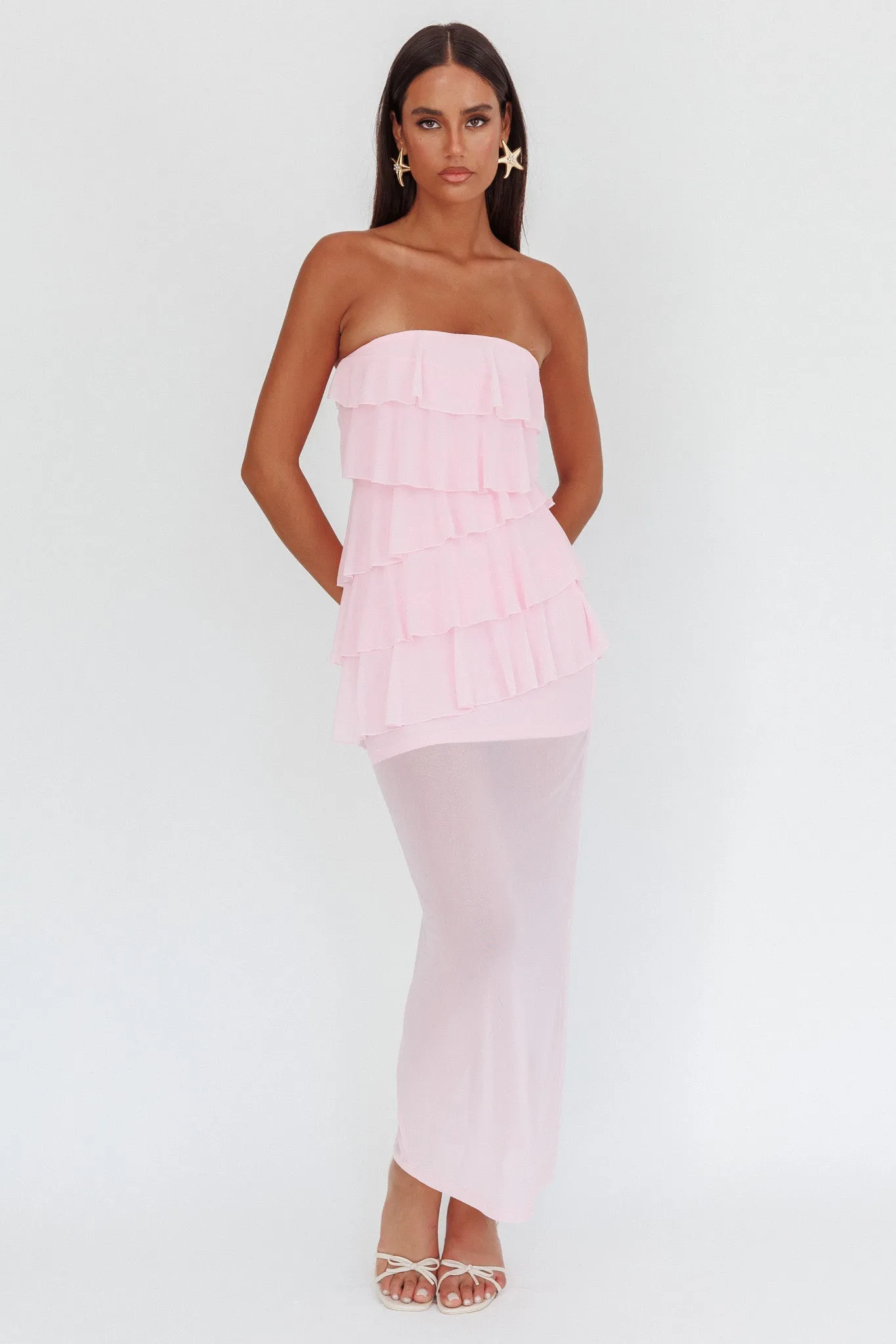 Crewe Strapless Ruffle Maxi Dress Pink sold by Selfie Leslie