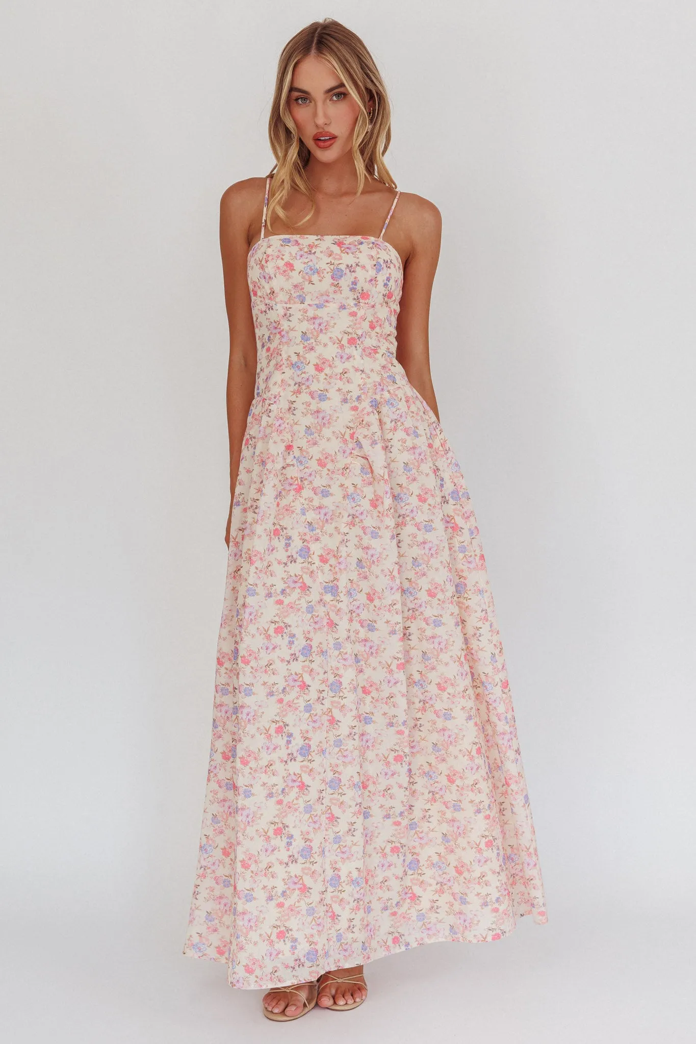 Daisy Day Basque Waist Maxi Dress Floral Blue sold by Selfie Leslie