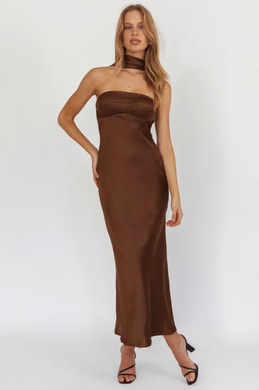 Damsel Reverse Halter Maxi Dress Satin Chocolate sold by Selfie Leslie