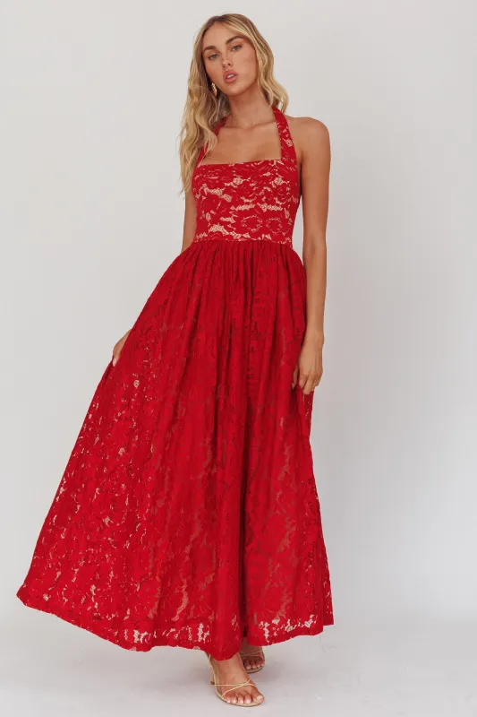 Hendrix Halterneck A-Line Lace Maxi Dress Cherry sold by Selfie Leslie