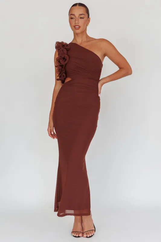 Deanna One-Shoulder Ruffle Maxi Dress Brown sold by Selfie Leslie