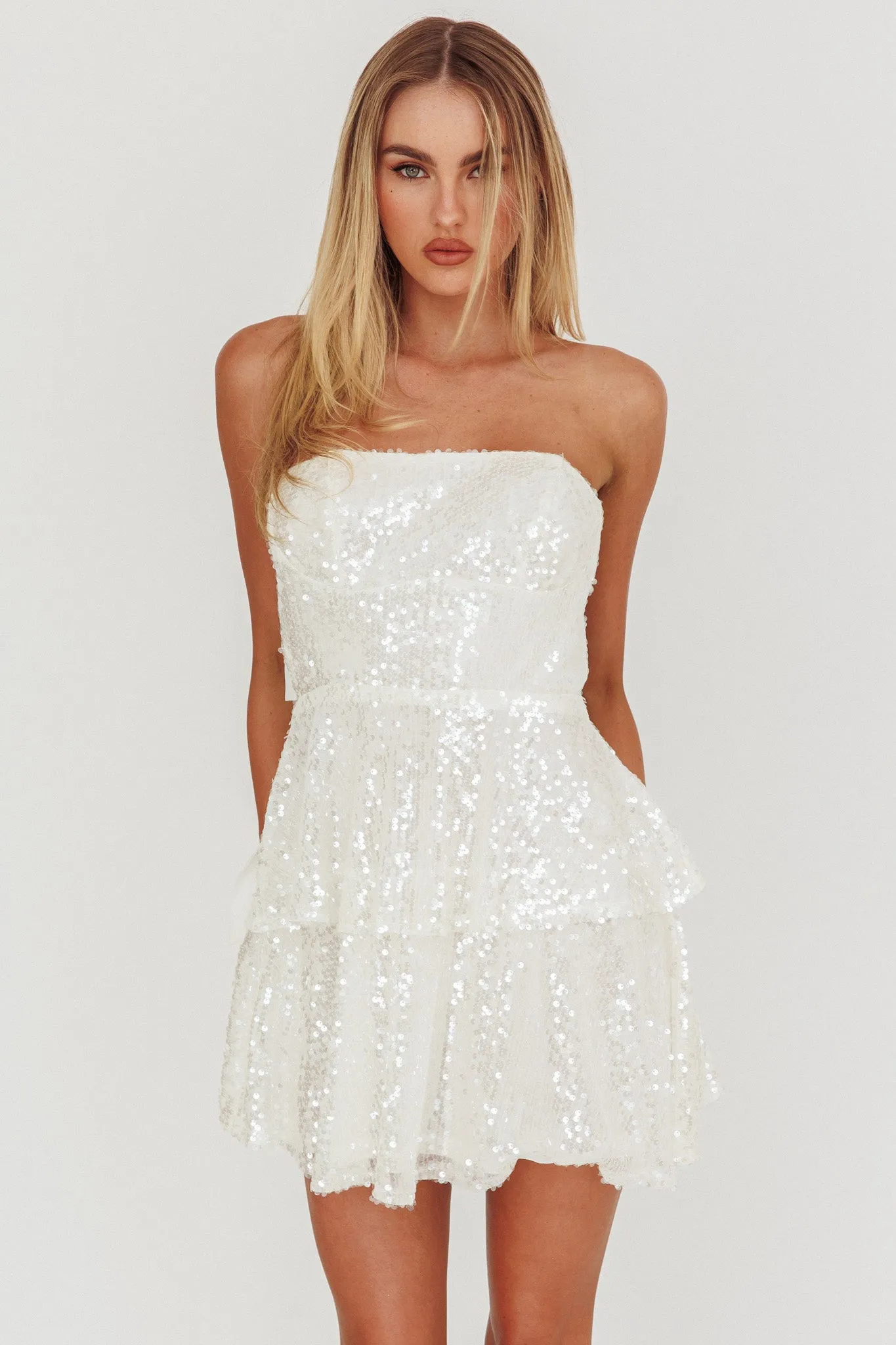 Provence Bloom Tiered Sequin Mini Dress White sold by Selfie Leslie