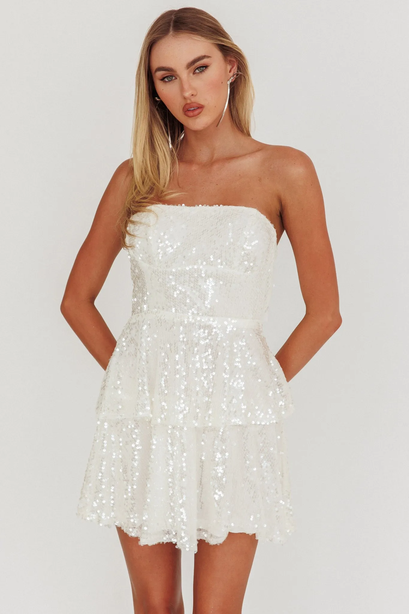 Provence Bloom Tiered Sequin Mini Dress White sold by Selfie Leslie product image thumbnail 5