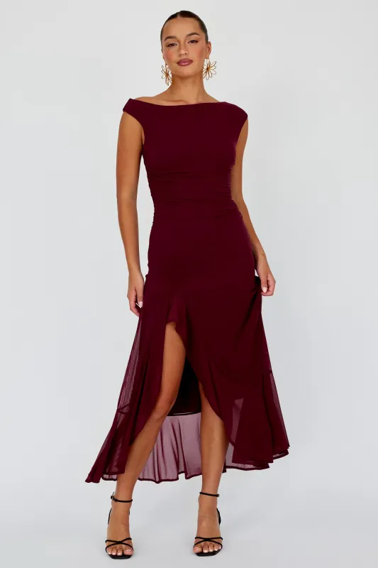 Moonlit Magic Asymmetric Neckline Maxi Dress Wine sold by Selfie Leslie
