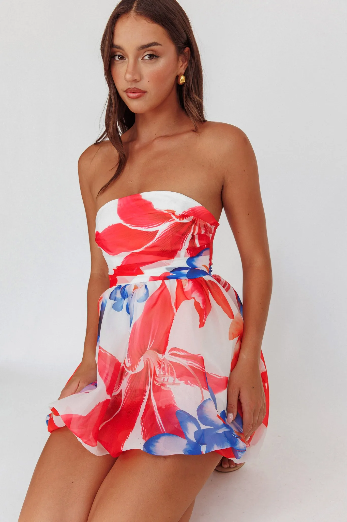 Kandi Strapless Bubble Hem Skirt Floral White sold by Selfie Leslie