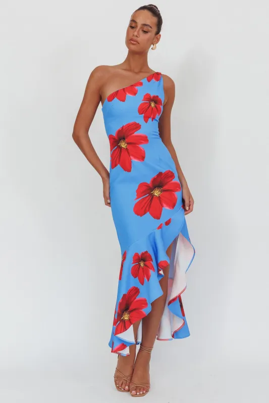 Lights On One-Shoulder Ruffle Hem Maxi Dress Floral Blue sold by Selfie Leslie