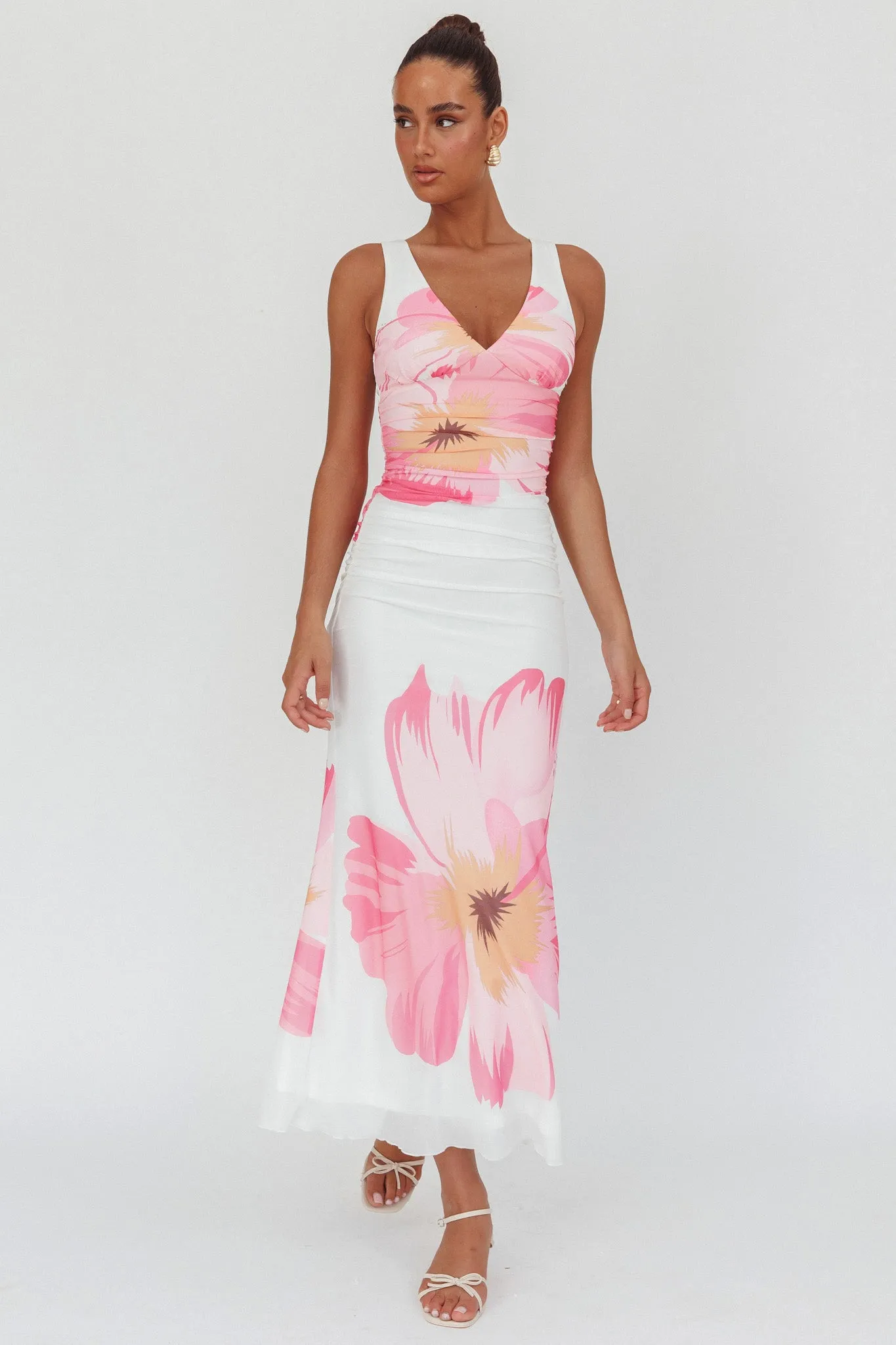 Oliana V-Neck Mesh Maxi Dress Hibiscus White/Pink sold by Selfie Leslie