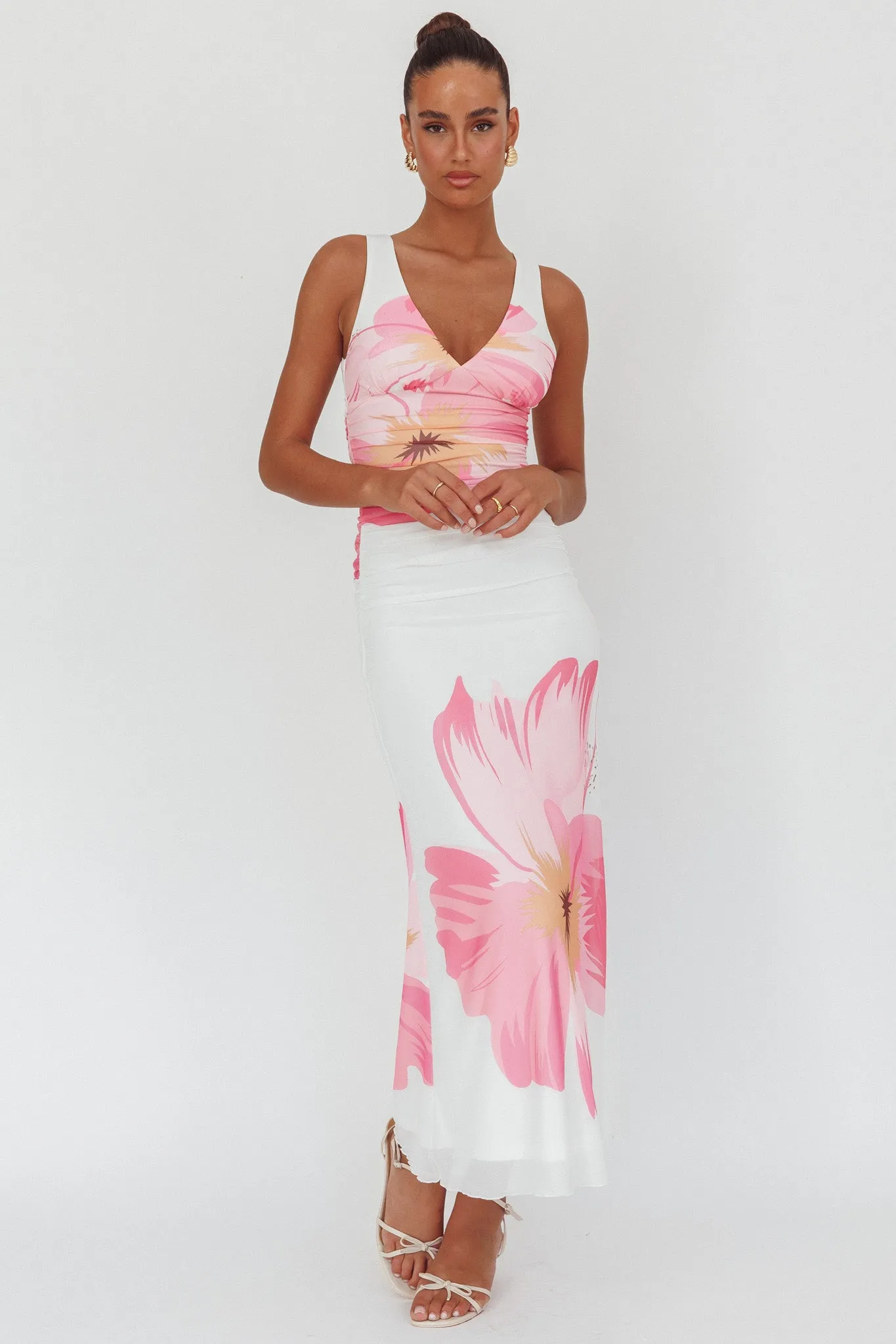 Oliana V-Neck Mesh Maxi Dress Hibiscus White/Pink sold by Selfie Leslie product image thumbnail 2