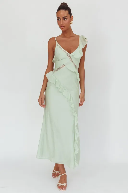 La Estrella Ruffle And Lace Trim Maxi Dress Sage sold by Selfie Leslie