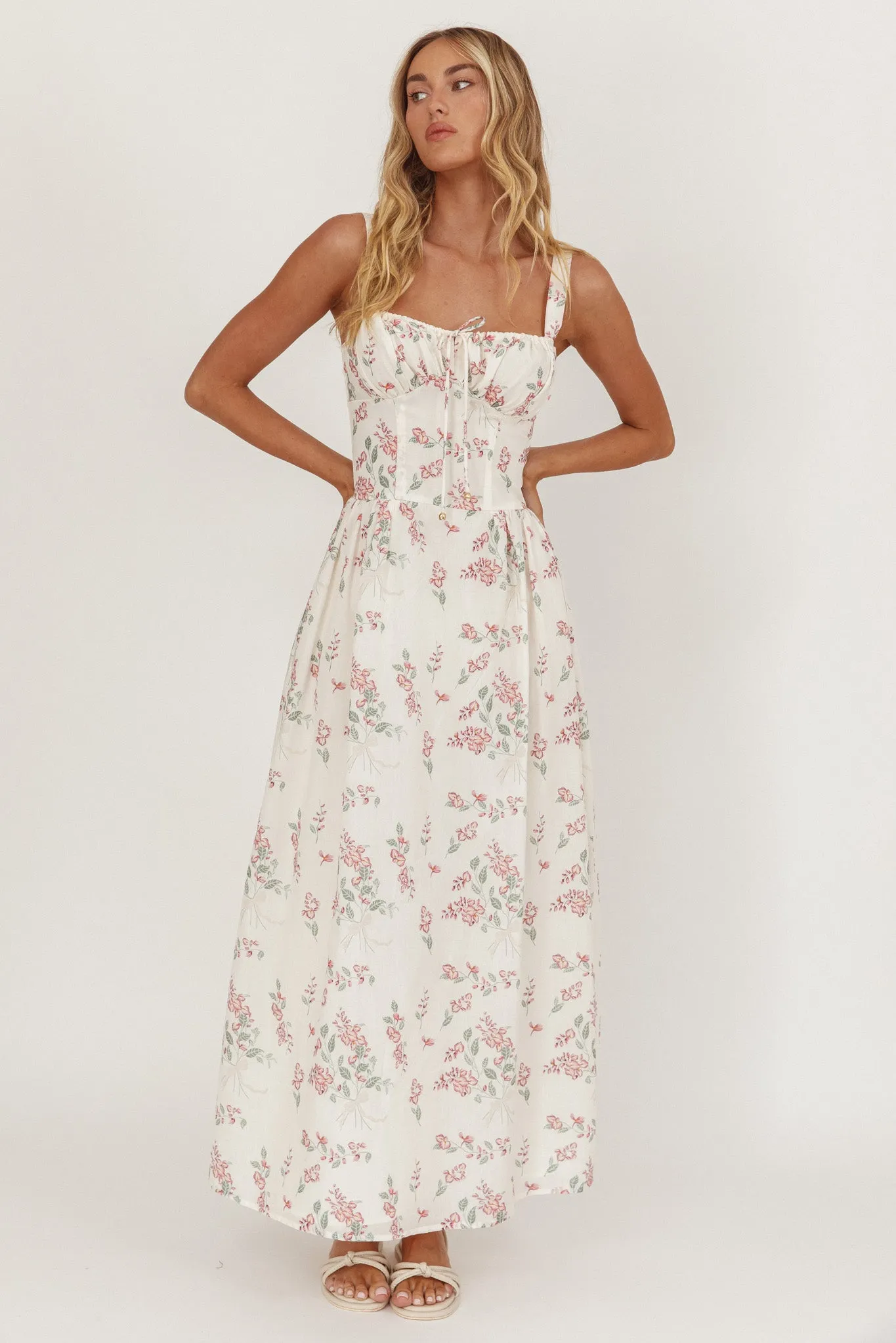 Seen The Light Tie Bust Maxi Dress Floral Cream/Pink sold by Selfie Leslie product image thumbnail 5