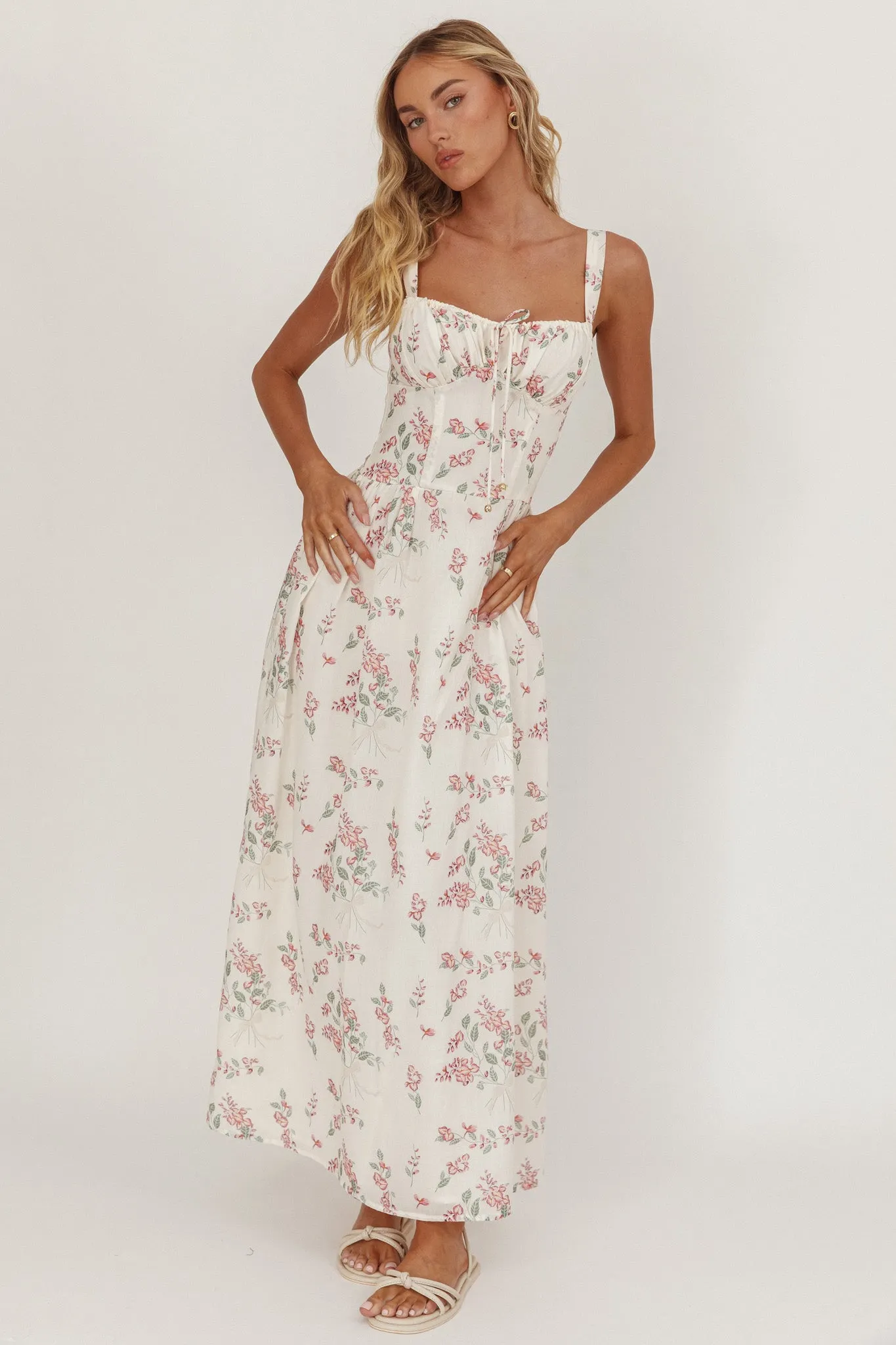 Seen The Light Tie Bust Maxi Dress Floral Cream/Pink sold by Selfie Leslie
