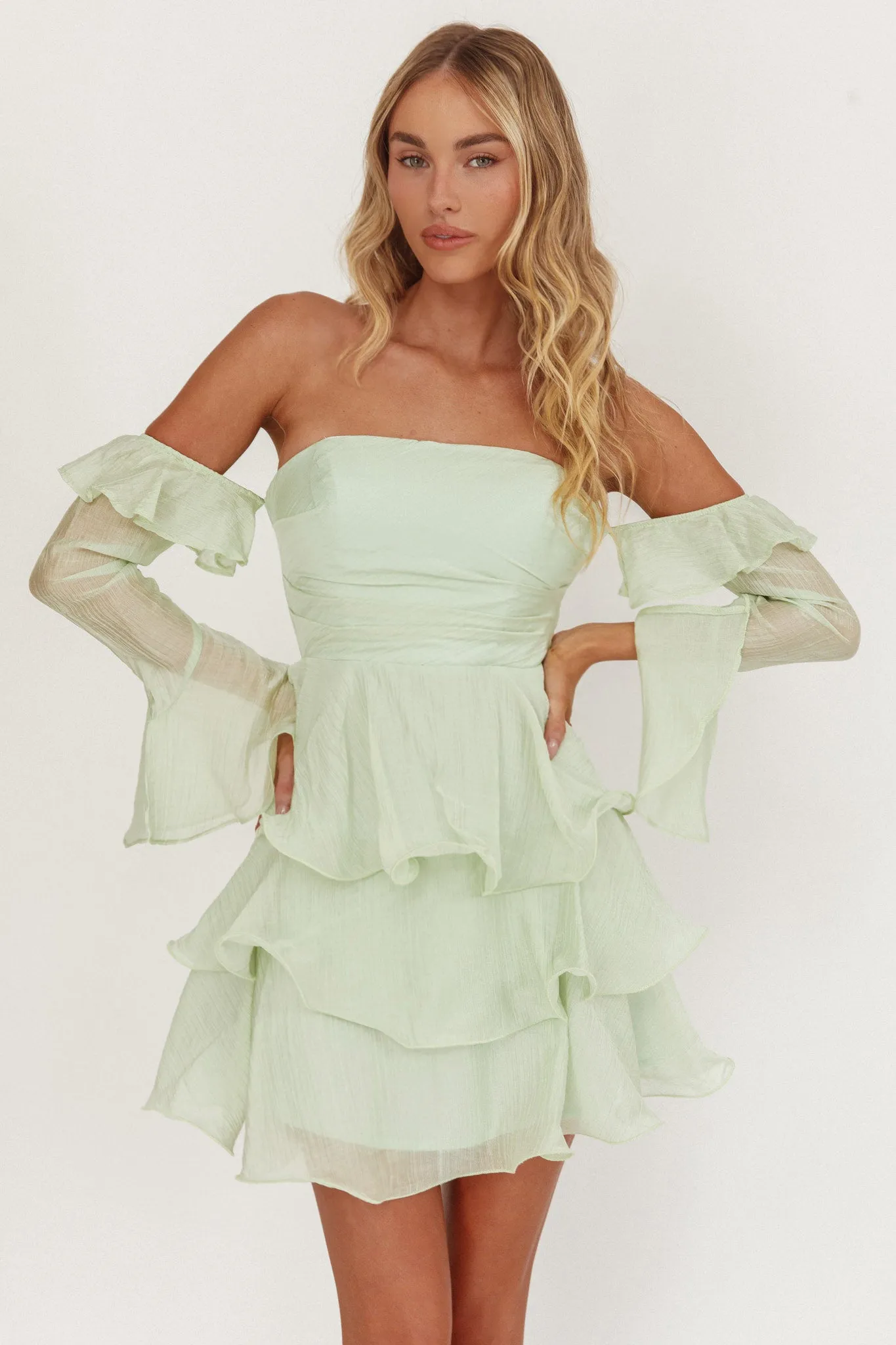 Giavana Off-Shoulder Layered Mini Dress Sage sold by Selfie Leslie product image thumbnail 3