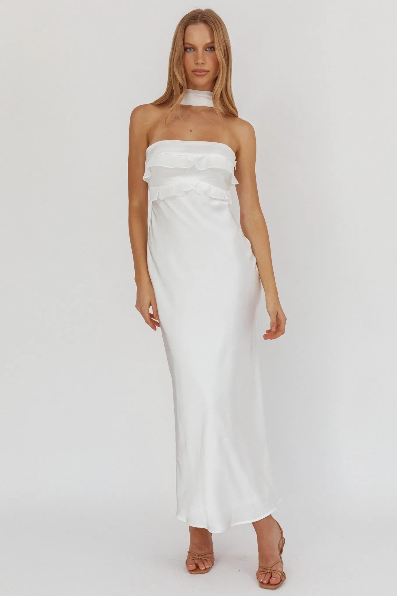 Damsel Reverse Halter Frill Trim Maxi Dress White sold by Selfie Leslie product image thumbnail 5