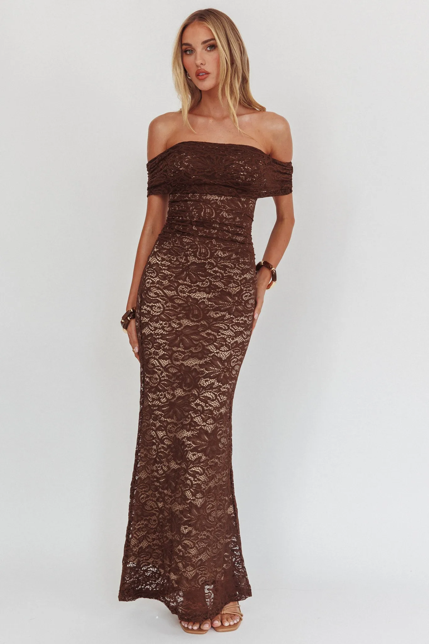 Flutters Off-Shoulder Lace Maxi Dress Chocolate sold by Selfie Leslie product image thumbnail 4