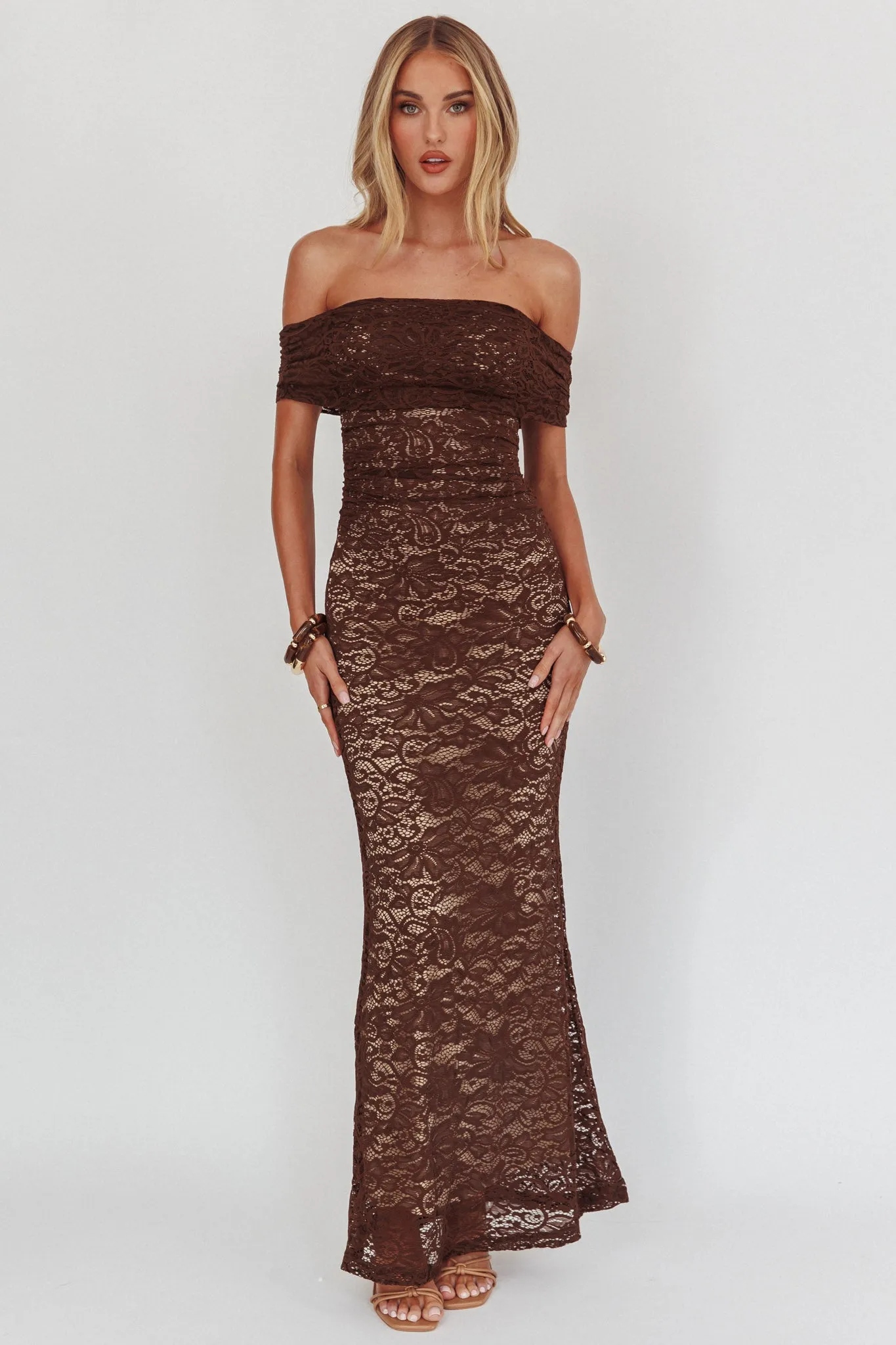 Flutters Off-Shoulder Lace Maxi Dress Chocolate sold by Selfie Leslie