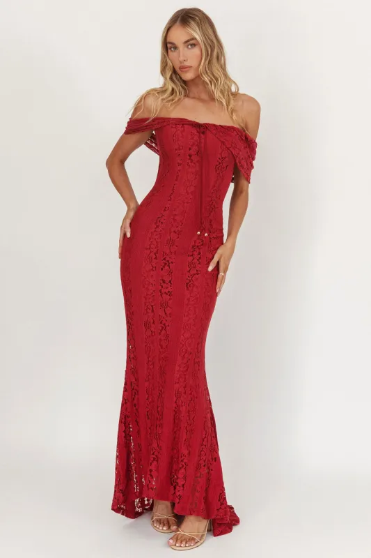 Enigma Off-Shoulder Maxi Dress Lace Wine sold by Selfie Leslie