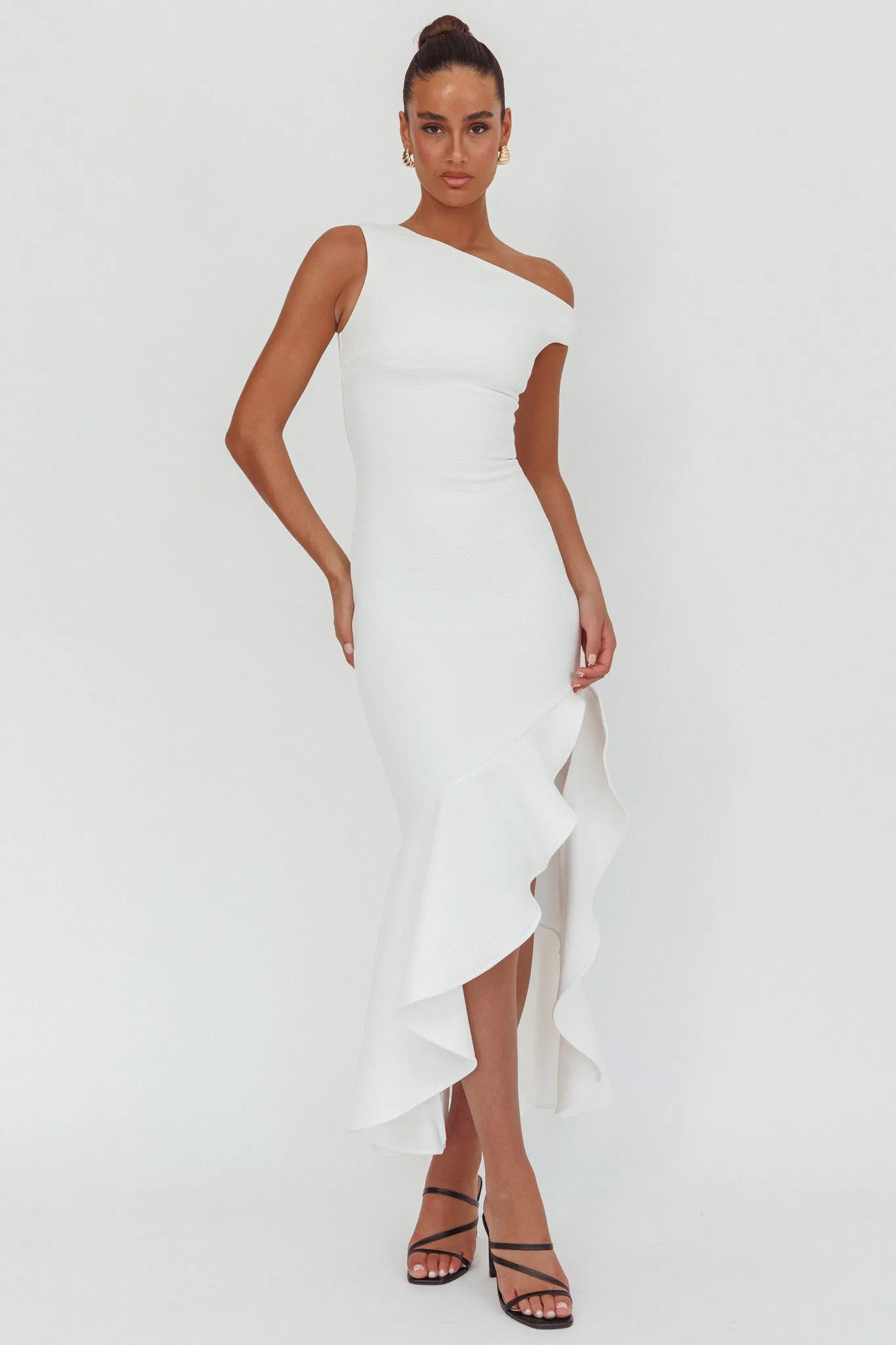 Lights On One-Shoulder Ruffle Hem Maxi Dress White sold by Selfie Leslie product image thumbnail 5