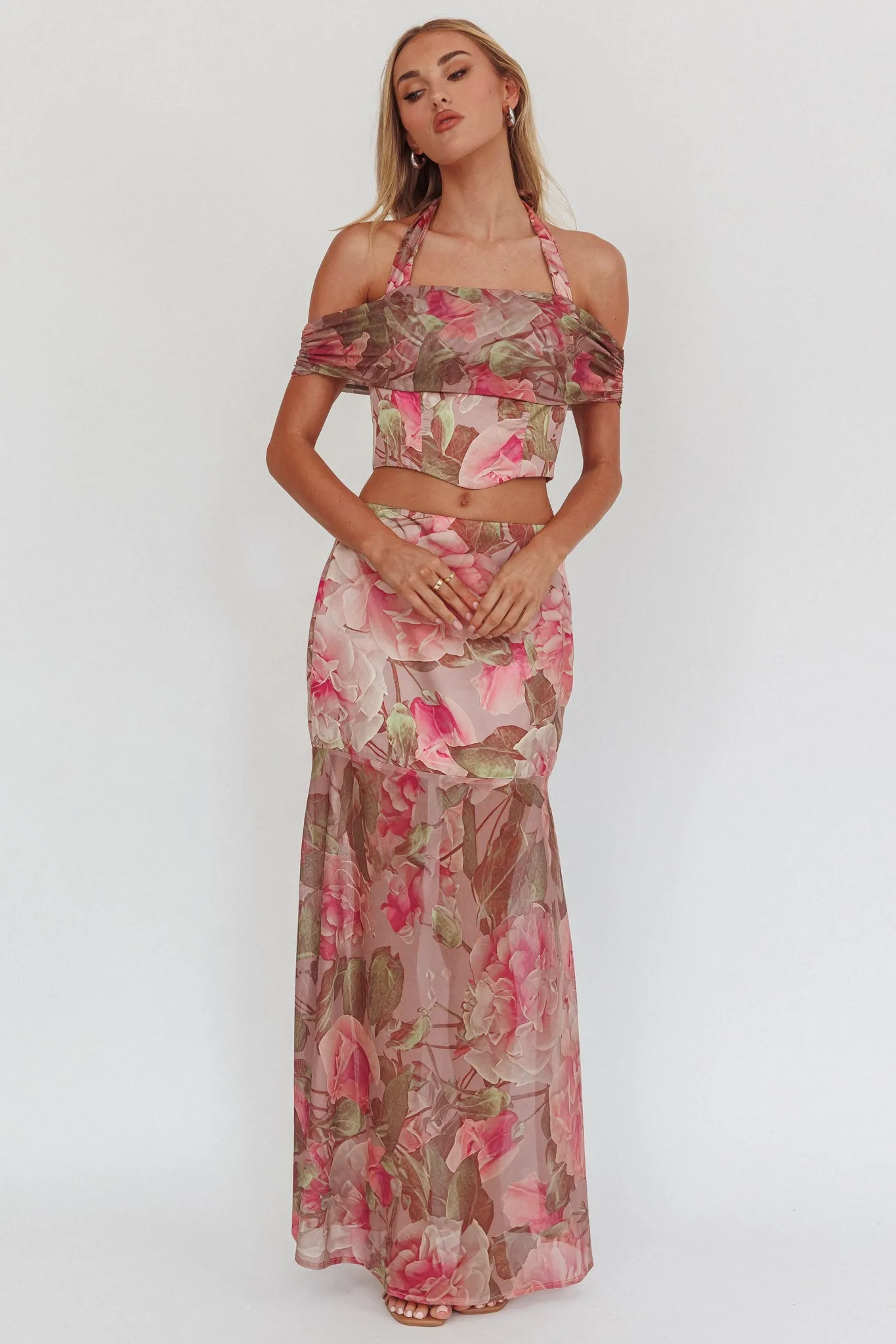 Sunset High Sheer Hem Maxi Skirt Floral Blush sold by Selfie Leslie product image thumbnail 4