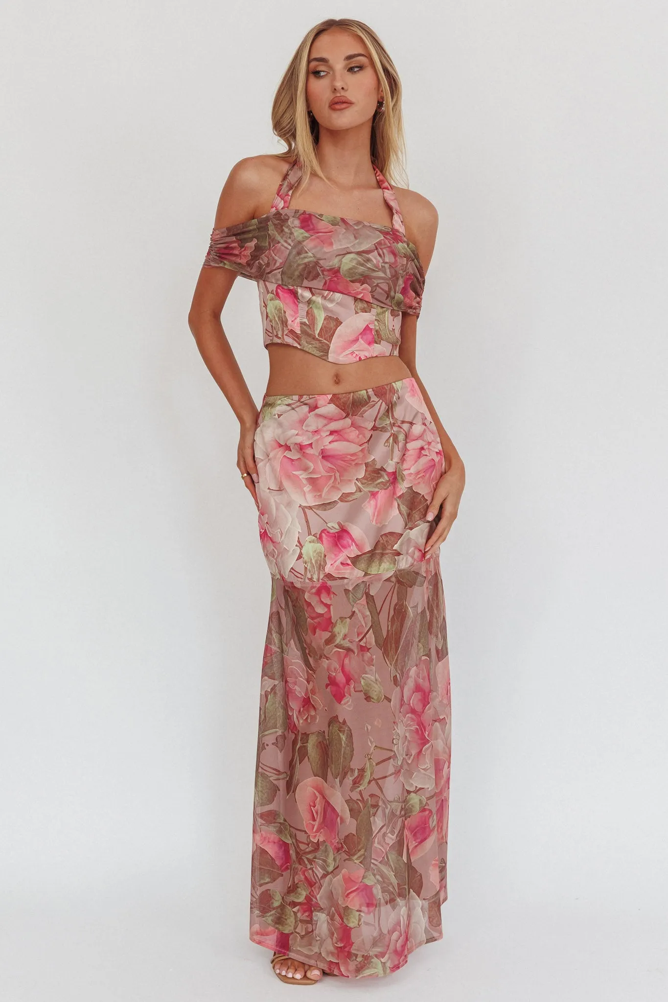 Sunset High Sheer Hem Maxi Skirt Floral Blush sold by Selfie Leslie product image thumbnail 5