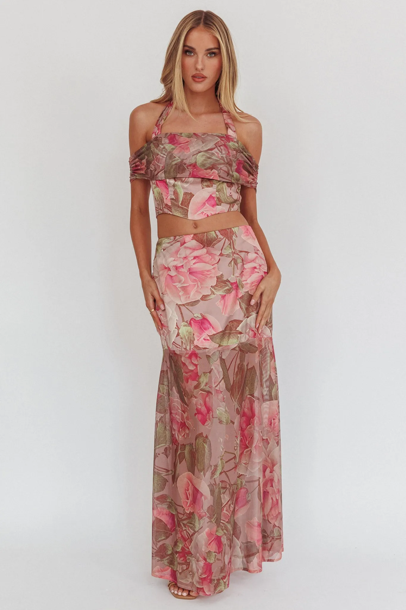 Sunset High Sheer Hem Maxi Skirt Floral Blush sold by Selfie Leslie