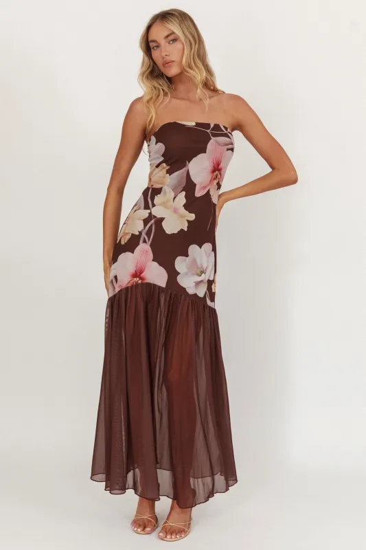 Wilma Sheer Hem Strapless Midi Dress Orchids Brown sold by Selfie Leslie