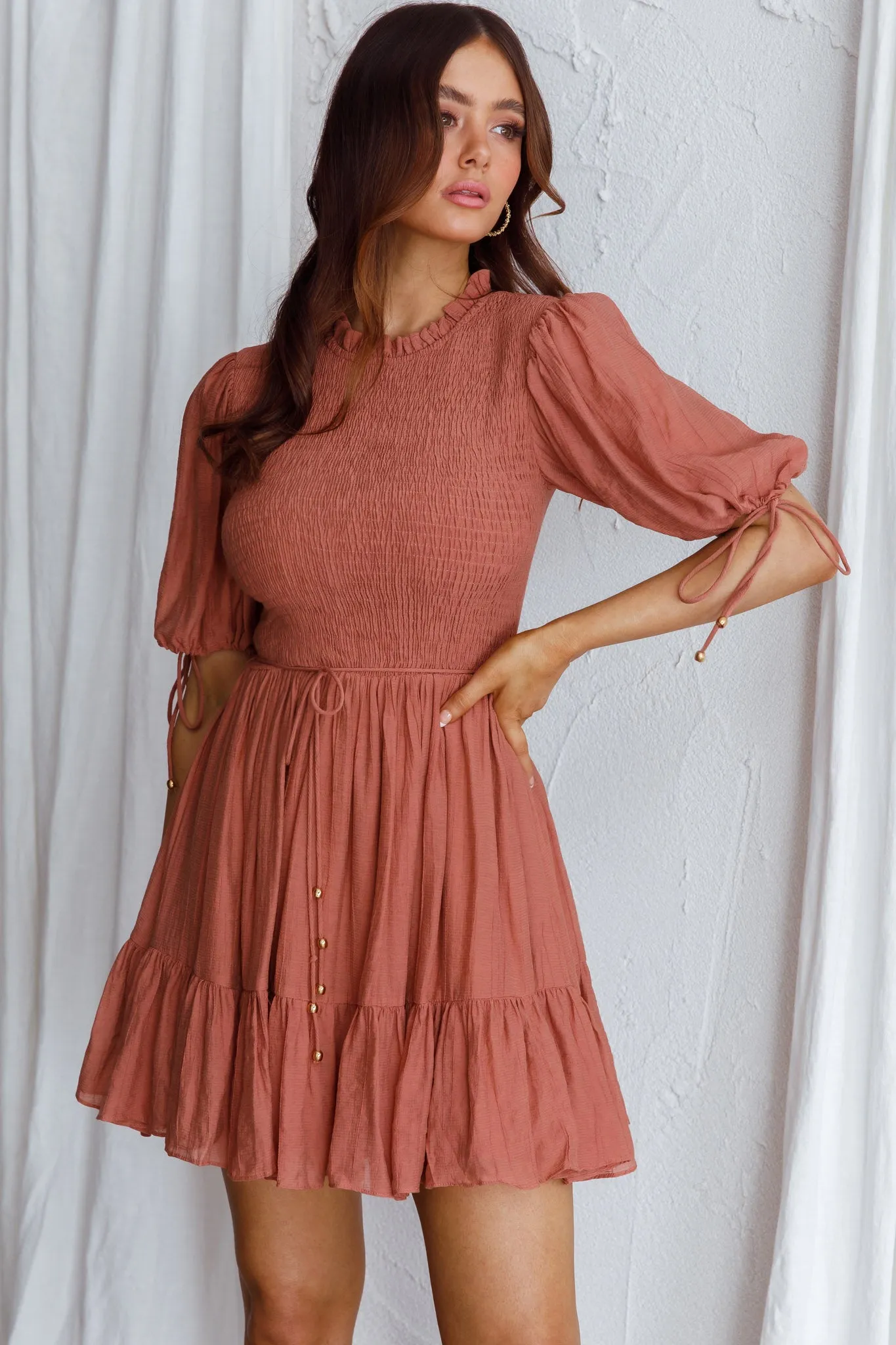 Secret Garden Puff Sleeve Smocked Bodice Dress Mocha sold by Selfie Leslie