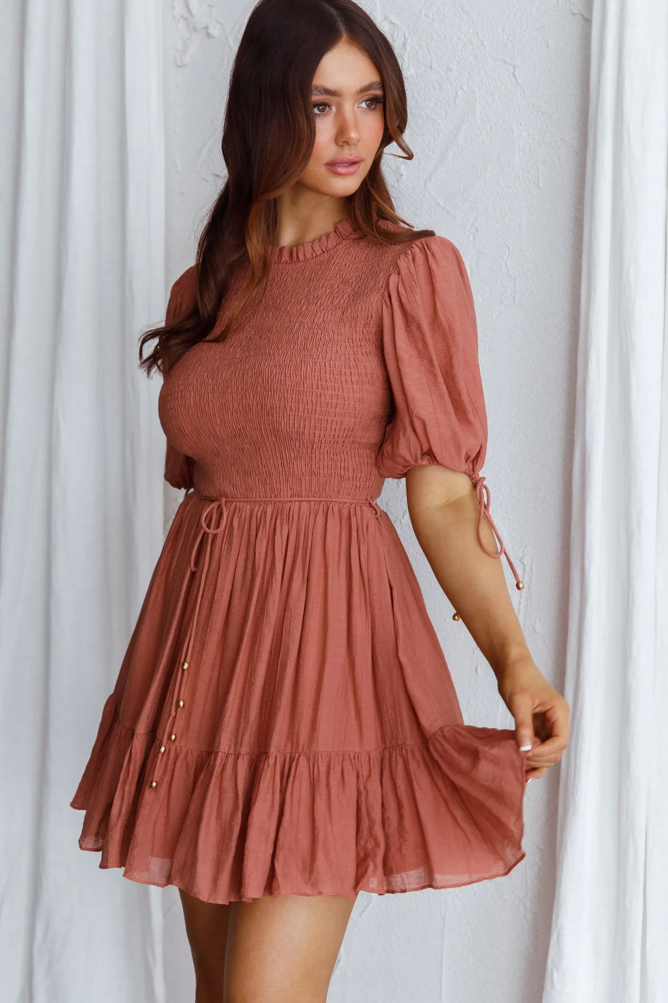 Secret Garden Puff Sleeve Smocked Bodice Dress Mocha sold by Selfie Leslie product image thumbnail 5