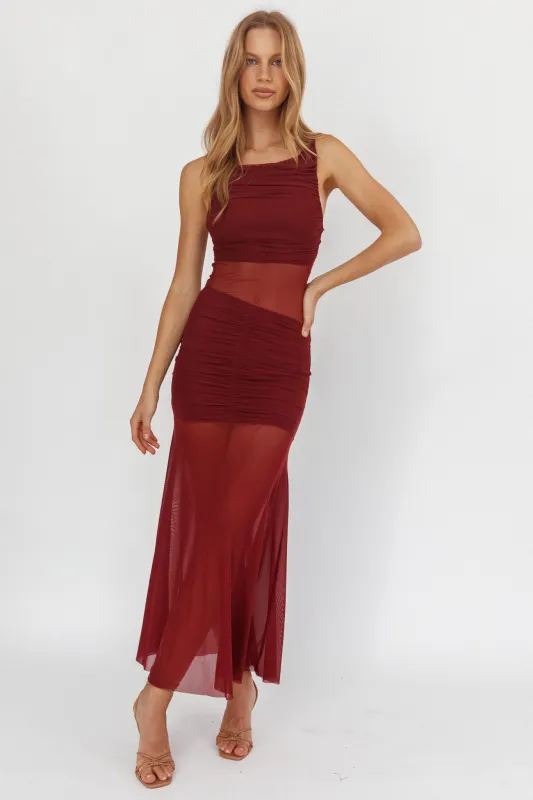 Sade Sheer Panel Ruched Maxi Dress Wine sold by Selfie Leslie