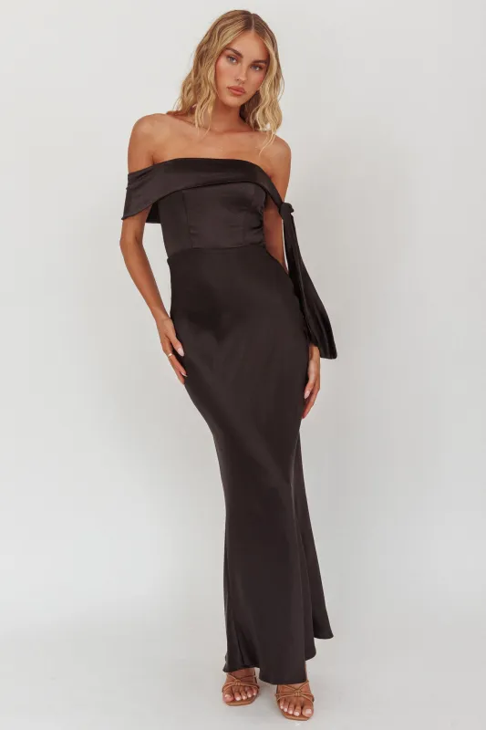 Aurora Sky Off-Shoulder Tie Maxi Dress Satin Black sold by Selfie Leslie