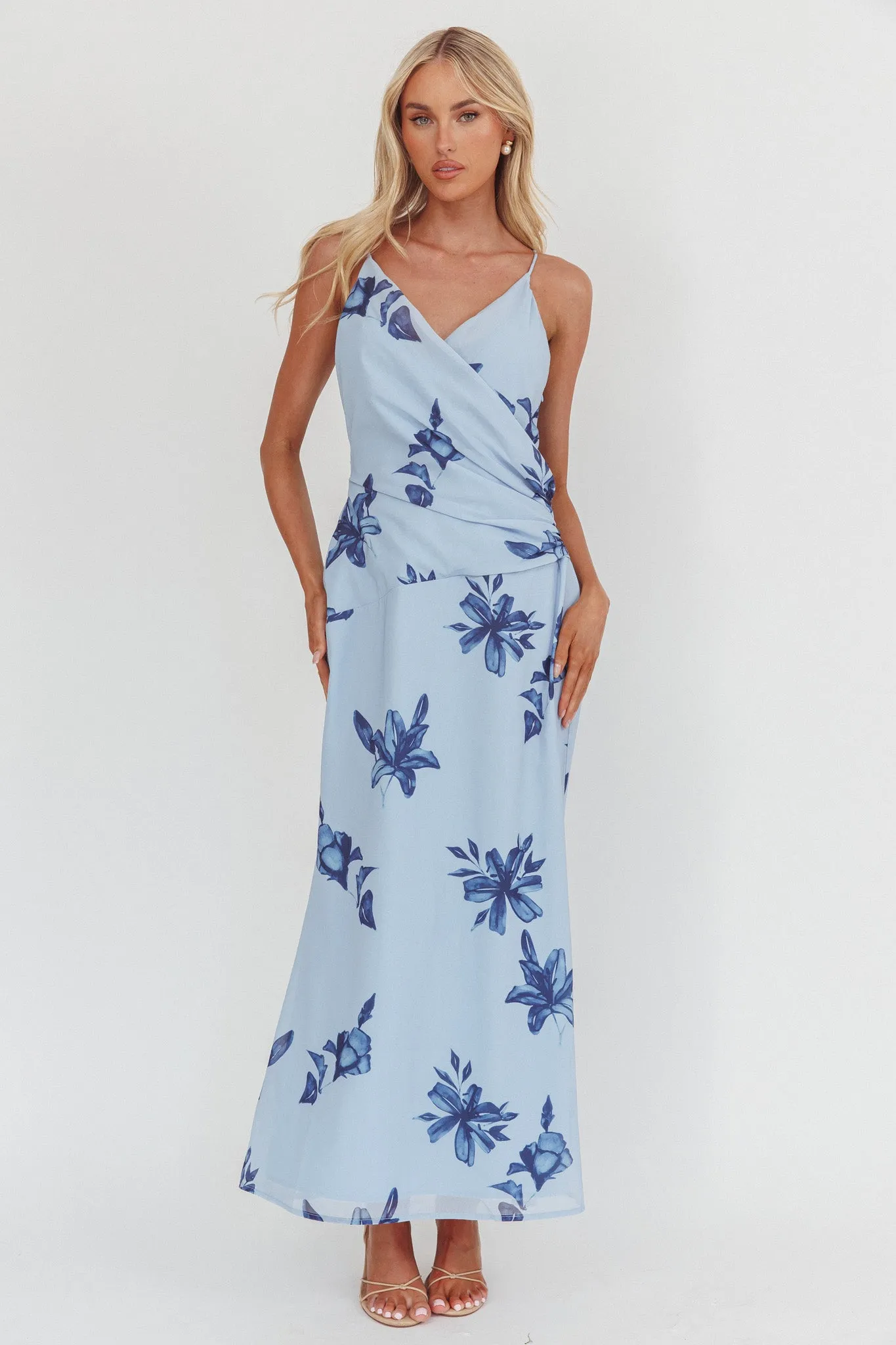 Lexxi Crossover Gathered Waist Maxi Dress Floral Blue sold by Selfie Leslie