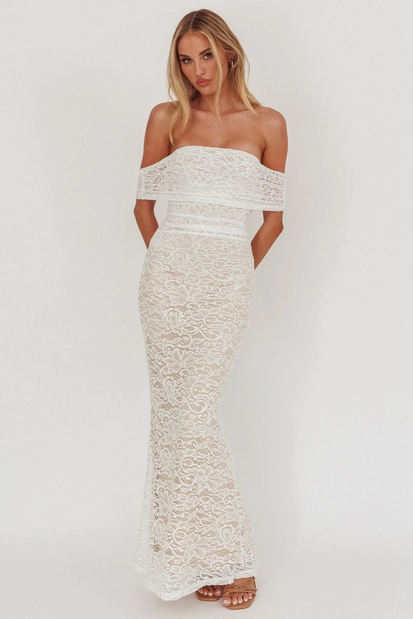 Flutters Off-Shoulder Lace Maxi Dress White sold by Selfie Leslie product image thumbnail 4