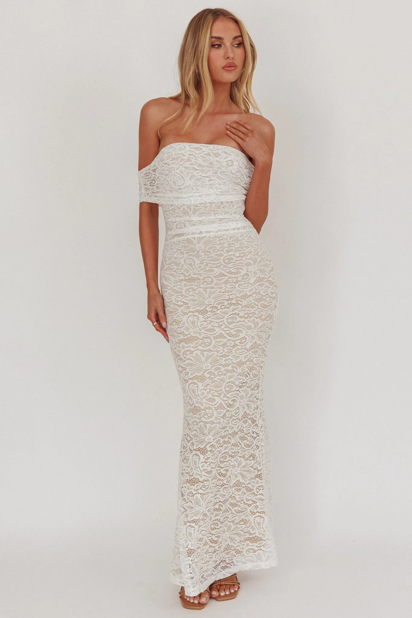 Flutters Off-Shoulder Lace Maxi Dress White sold by Selfie Leslie product image thumbnail 5