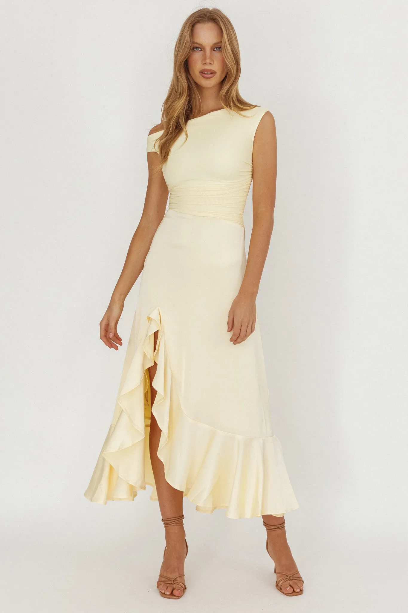 Moonlit Magic Asymmetric Neckline Satin Ruffle Dress Butter sold by Selfie Leslie product image thumbnail 4