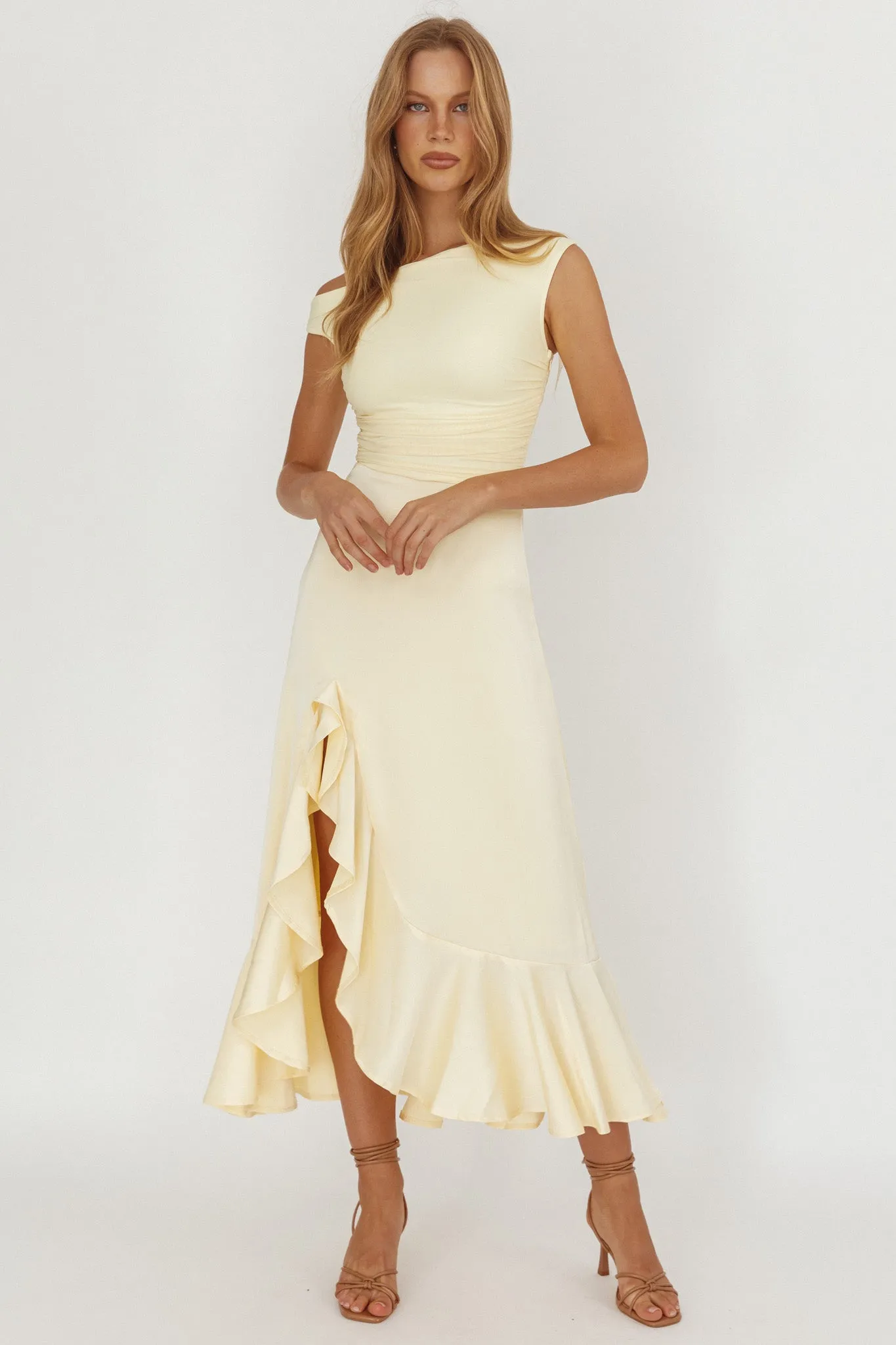 Moonlit Magic Asymmetric Neckline Satin Ruffle Dress Butter sold by Selfie Leslie
